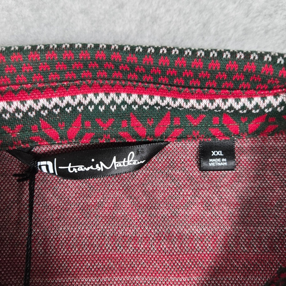 Travis Mathew Mens XXL LS Polo Shirt Red Green Fair Isle Holiday Christmas - Picture 2 of 11